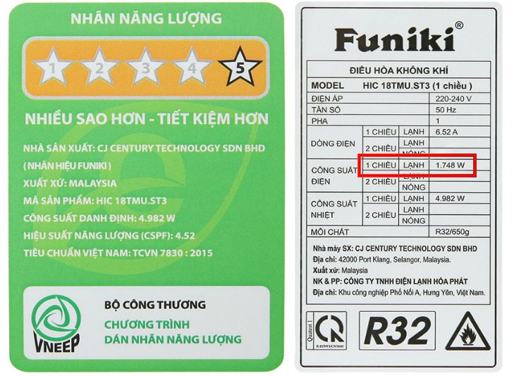 Công Suất điện điều Hoà Funiki 18000btu
