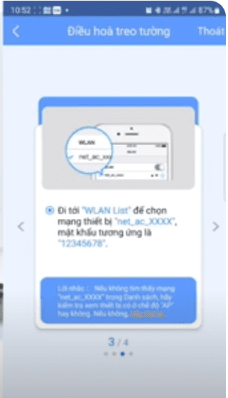 nhấn “Tiếp tục” -> chọn “Đi tới danh sách WLAN” -> nhấn chọn thiết bị “net_ac_xxxx” và chọn “OK
